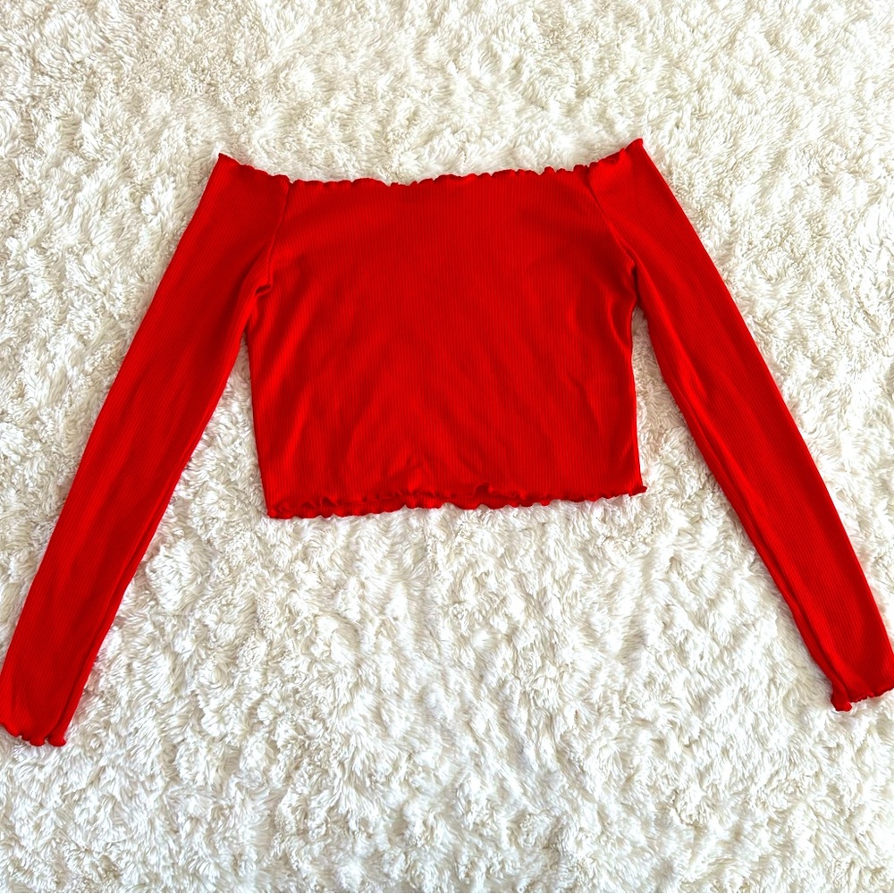 Boohoo Red Ribbed Off Shoulder Long Sleeve Crop Knit Top Shirt Tee Ruffle M